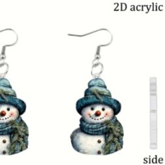 ♥️5 for $25♥️ Snowman Earrings, Acrylic 2D Blue Hat Snowman Drop Dangle Earrings - Picture 4 of 6